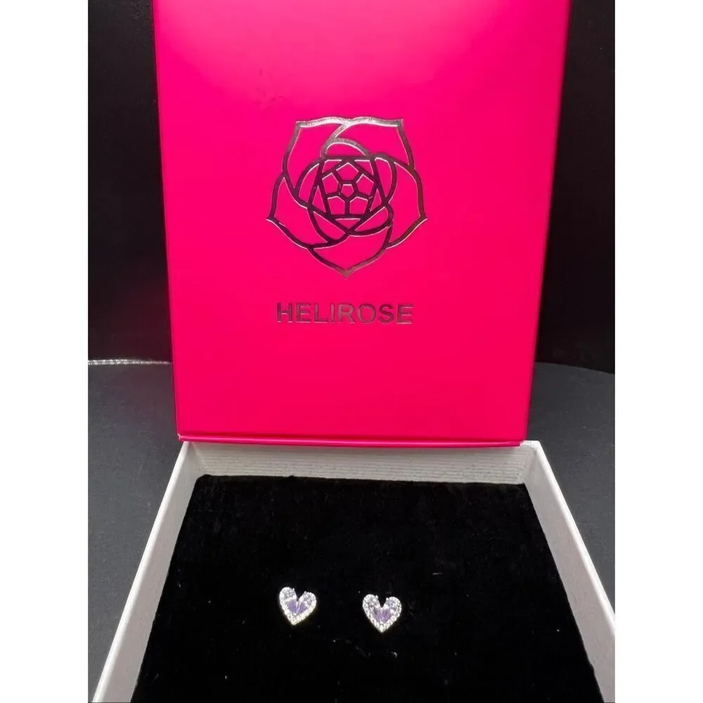 NIB! Helirose Lavender Purple Silver Tone Heart Shaped Stud Earring Gift Box